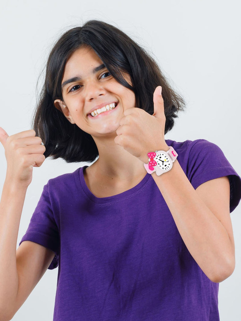 Kids Girls Printed LED Dial & Silicon Strap Analogue Watch - Light Pink Kitty