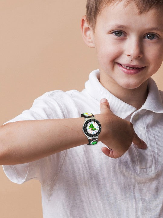 Boys Printed Dial & Straps Analogue Watch Black Cute Dino