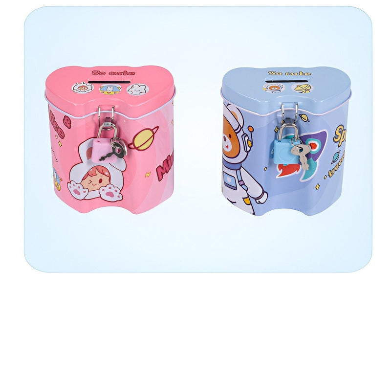 Pack of 2 – Cartoon Heart-Shaped Coin Banks with Lock & Key (Bunny & Space Design) – Money Saving Box for Kids