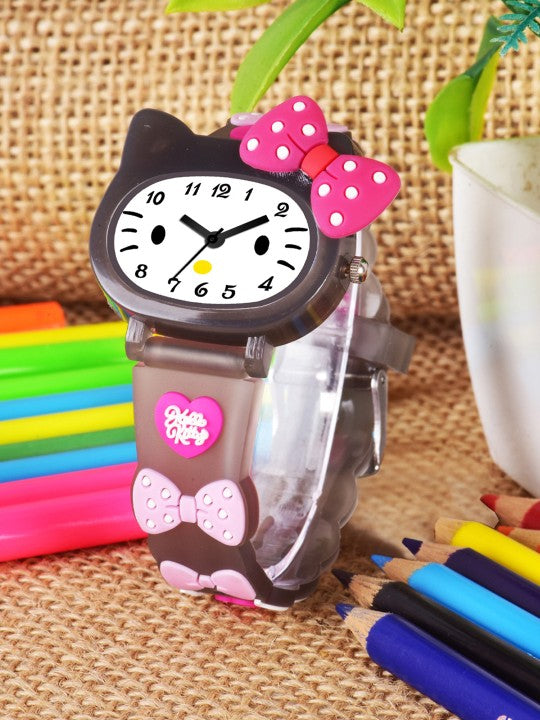 Girls Printed Dial & Straps Analogue Watch Black Kitty