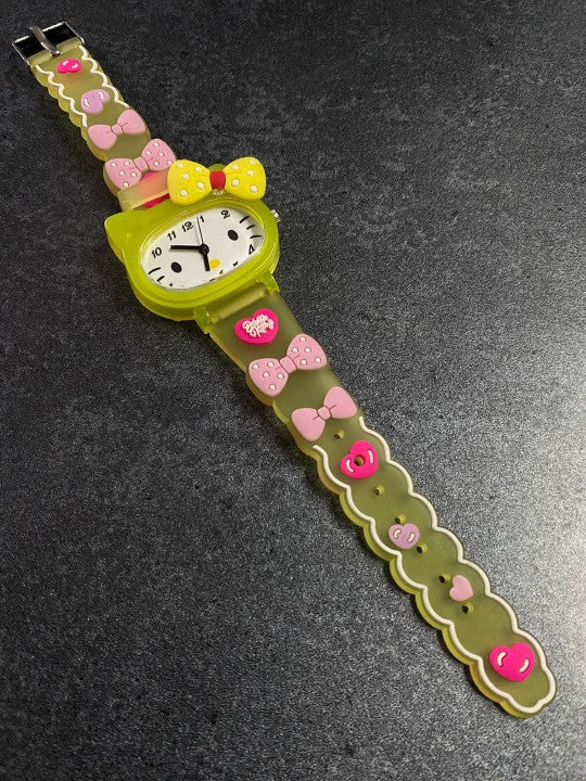 Girls Printed Dial & Yellow Silicon Strap Analogue Watch - Yellow Kitty