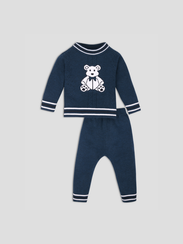 Luxurit Adorable Navy Blue Knit Teddy Bear Sweater & Pant Set for Kids