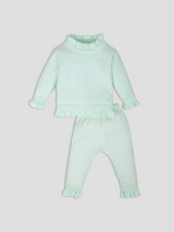 Luxurit Elegant Mint Green Ruffled Knit Sweater & Pant Set