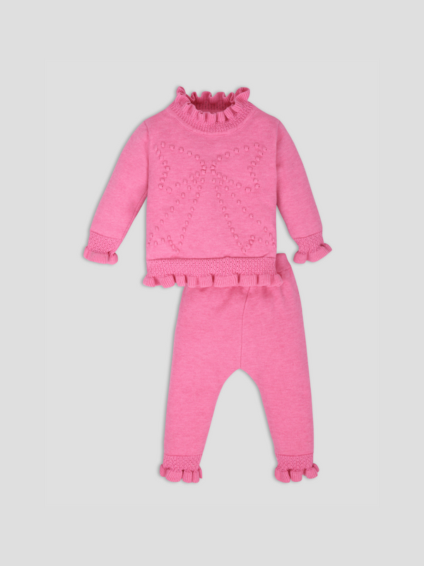 Luxurit Charming Pink Ruffled Knit Sweater & Pant Set