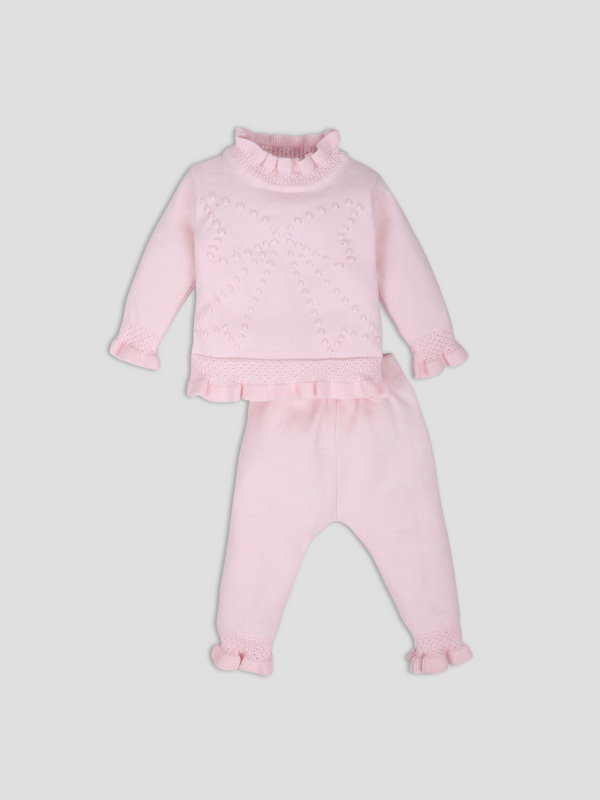 Luxurit Adorable Baby Pink Ruffled Knit Sweater & Pant Set