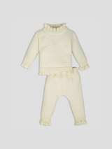 Luxurit Elegant Beige Ruffled Knit Sweater & Pant Set