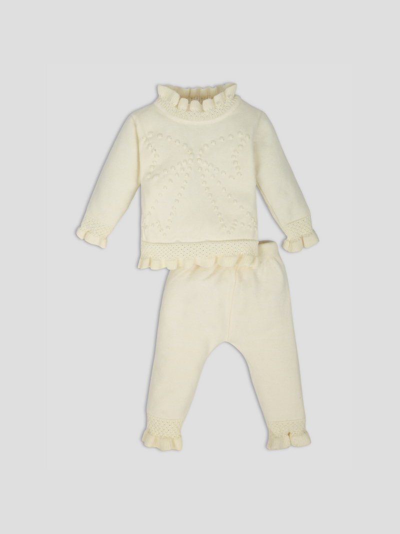 Luxurit Elegant Beige Ruffled Knit Sweater & Pant Set