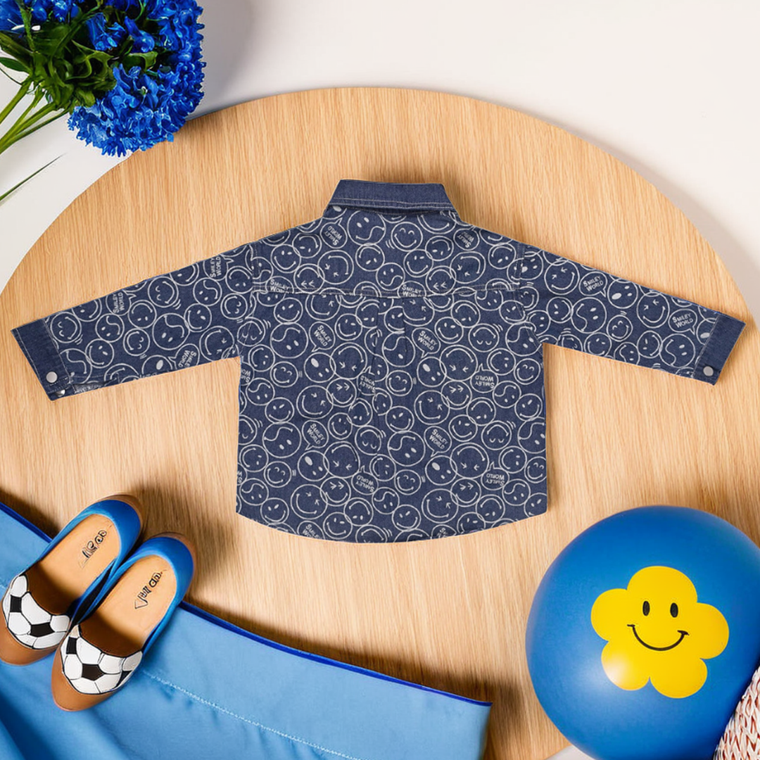 Denim Full-Sleeve Shirt with Chest Pocket & Smiley Emoji Print For Boys