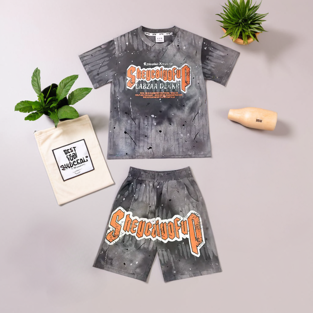 Boys' Grey Tie-Dye T-Shirt & Shorts Set – Trendy Round Neck Half-Sleeve