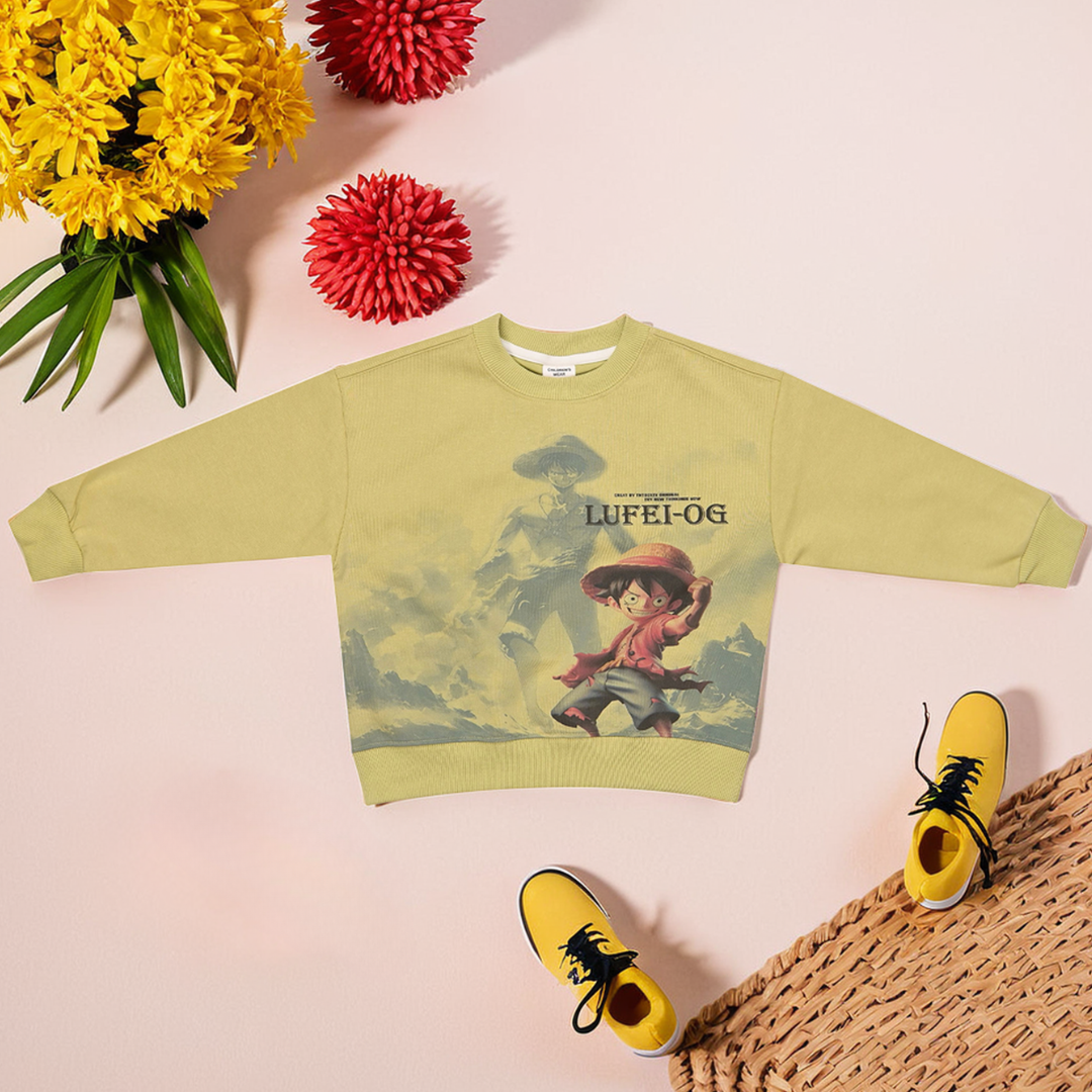 Boys' Solid Golden Yellow Full Sleeve Sweater – Luffy Anime Character Print
