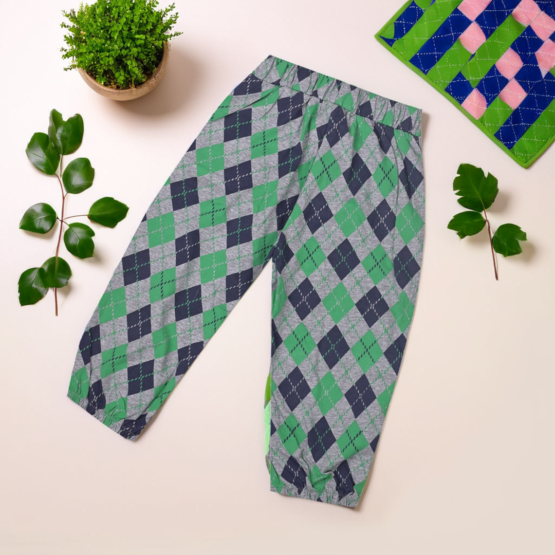 Kids' Grey Checkered T-Shirt & Pant Set – Green & Navy Blue Checks