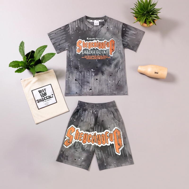 Boys' Grey Tie-Dye T-Shirt & Shorts Set – Trendy Round Neck Half-Sleeve