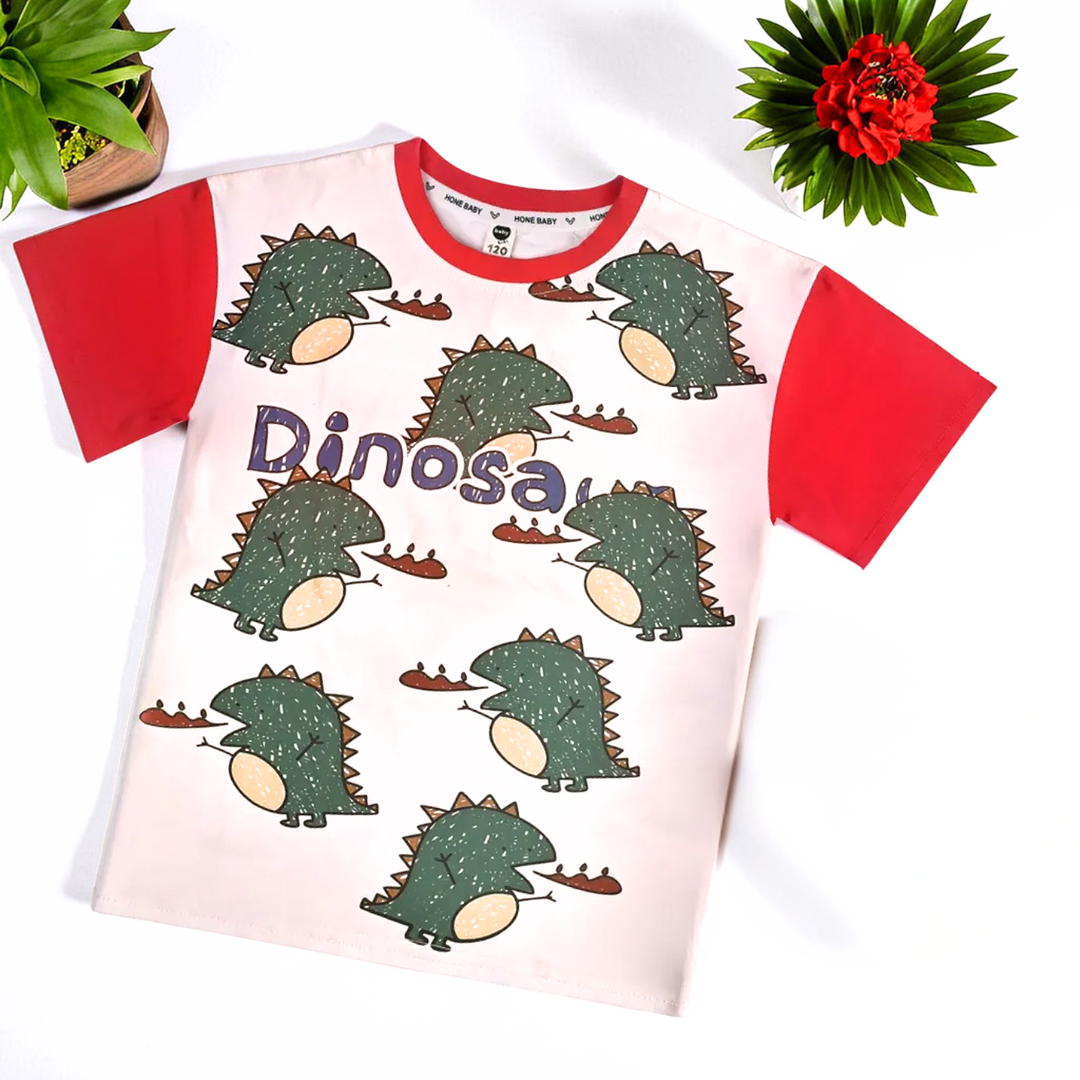 Boys' Dinosaur Cartoon Printed Short Sleeve Round Neck T-Shirt