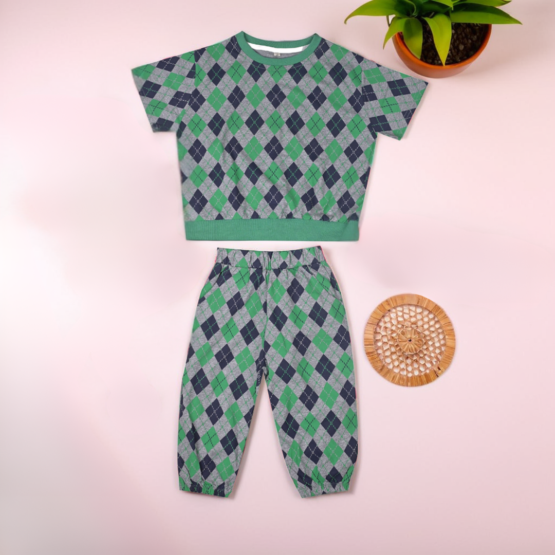 Kids' Grey Checkered T-Shirt & Pant Set – Green & Navy Blue Checks