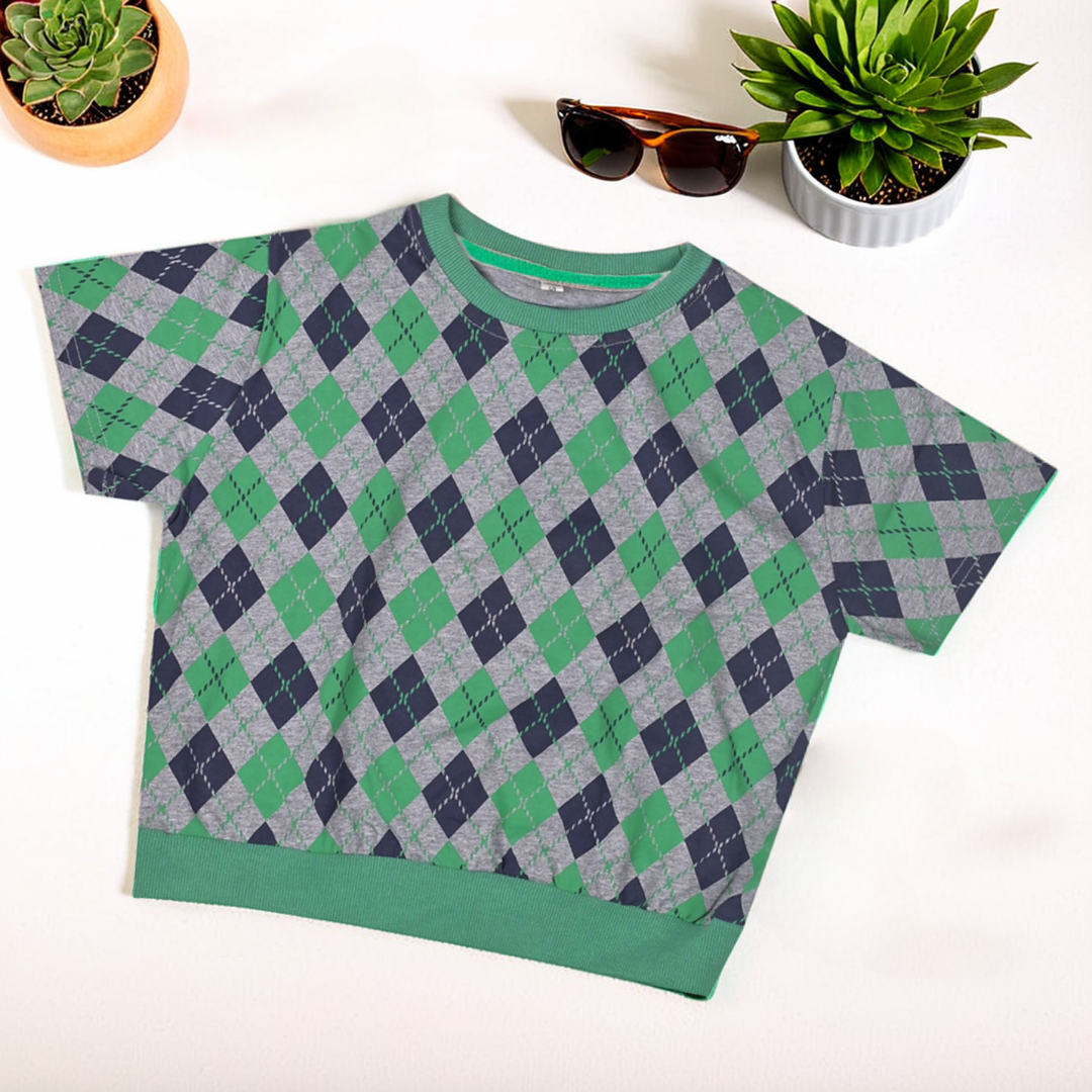 Kids' Grey Checkered T-Shirt & Pant Set – Green & Navy Blue Checks