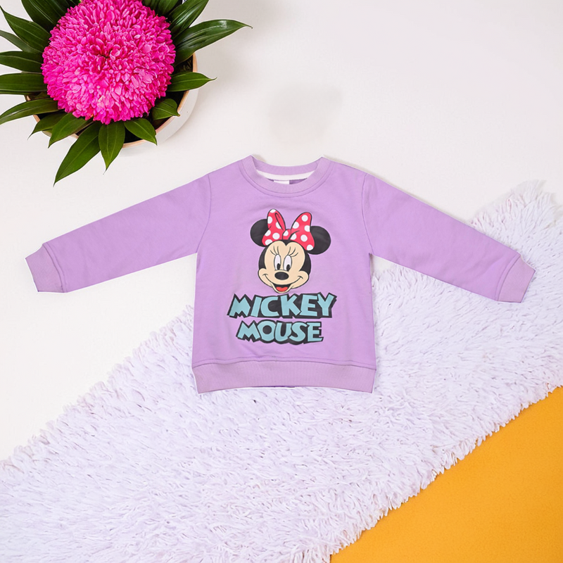 Girls' Pink Minnie Mouse Sweater – Full Sleeve Round Neck