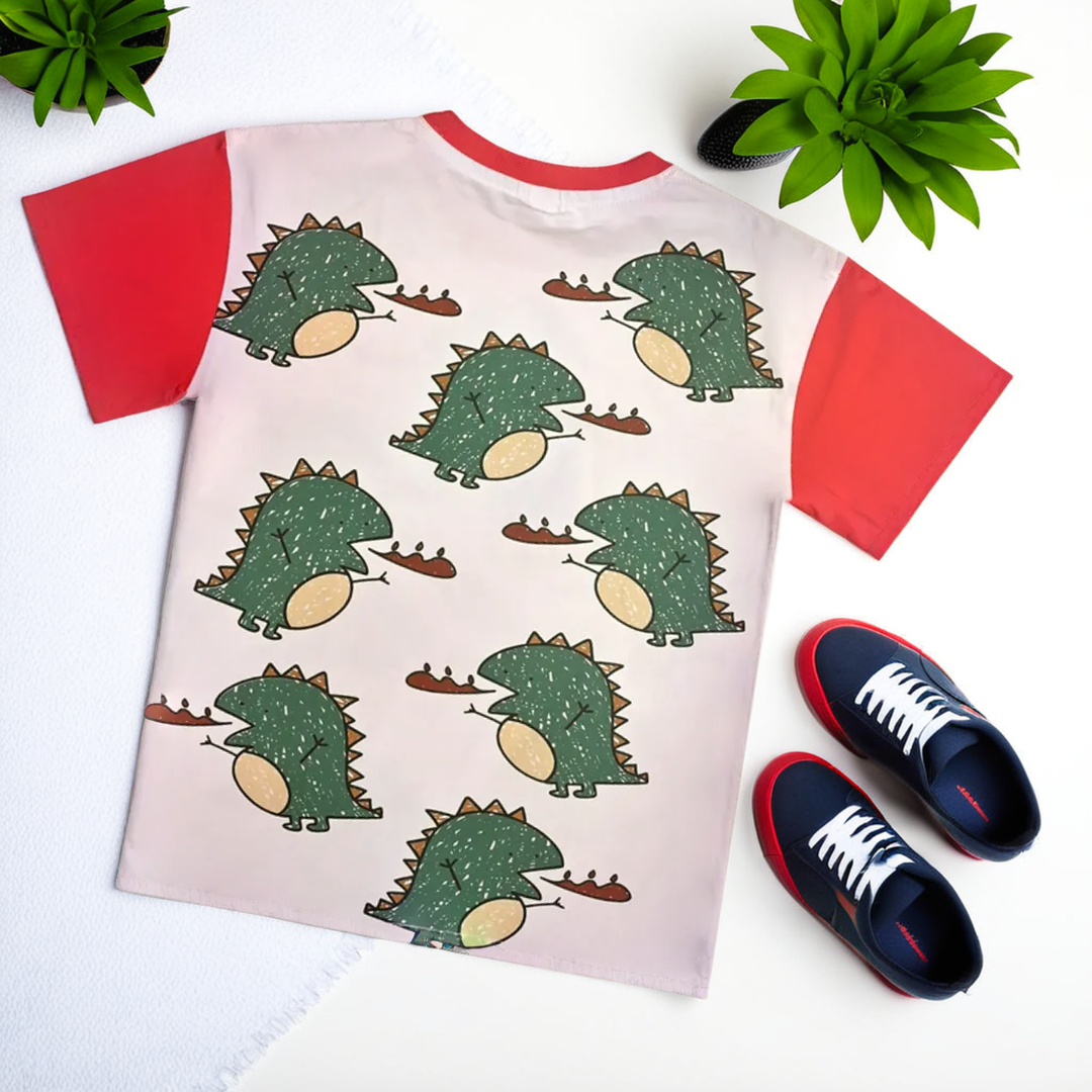 Boys' Dinosaur Cartoon Printed Short Sleeve Round Neck T-Shirt
