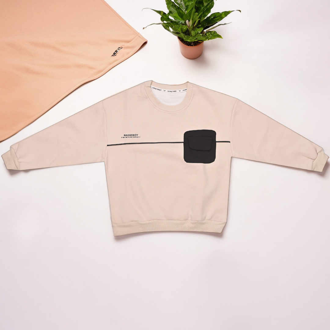 Boys' Solid Beige Sweater – Black Pocket Detail
