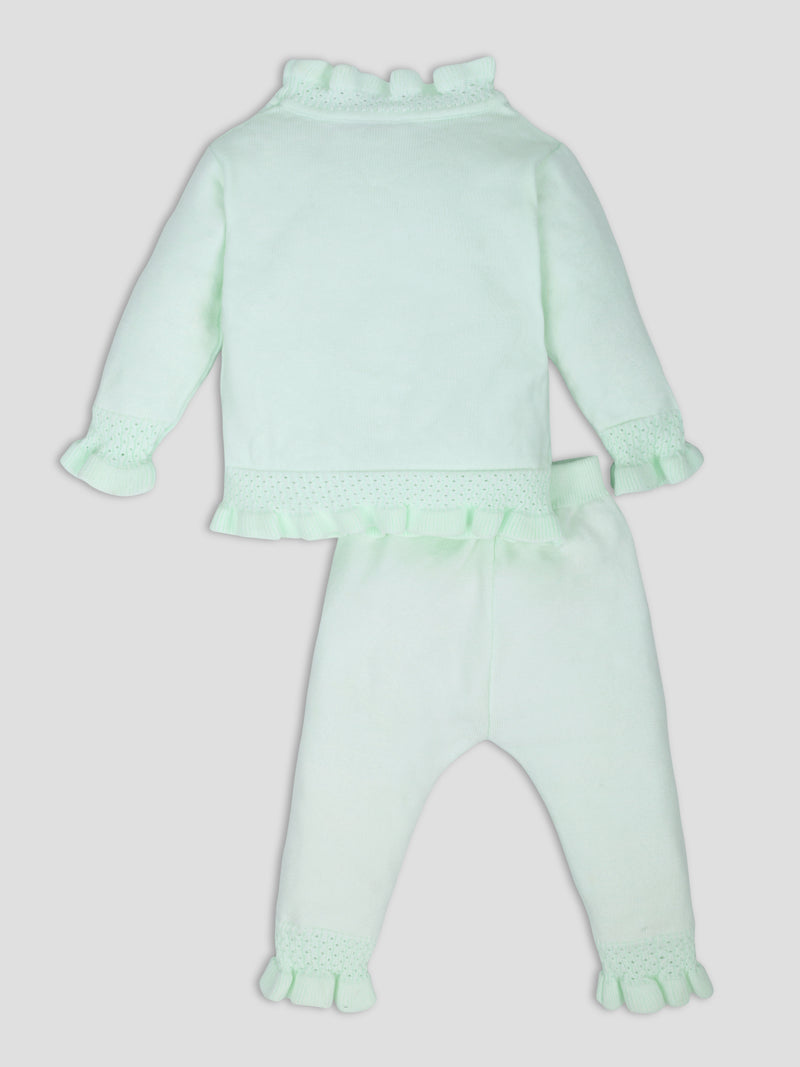 Luxurit Elegant Mint Green Ruffled Knit Sweater & Pant Set