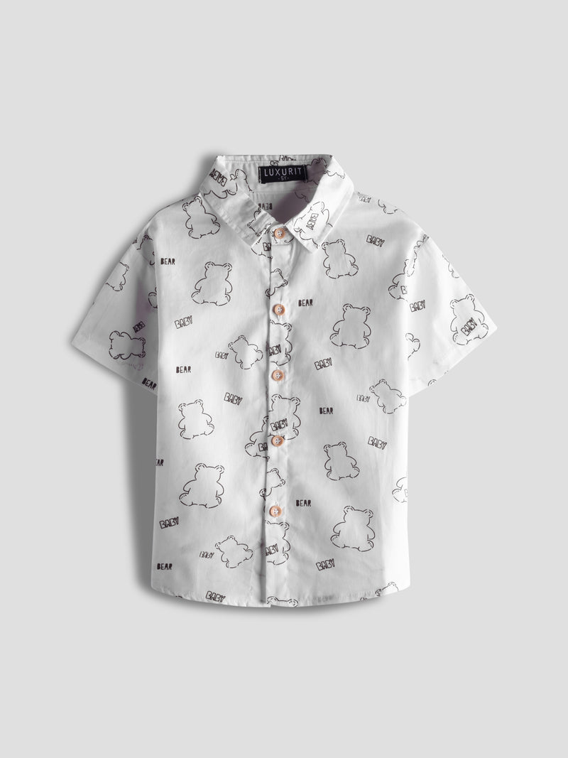 Luxurit Boys' Teddy Print Short-Sleeve Pure Cotton Shirt – Stylish & Playful (White)