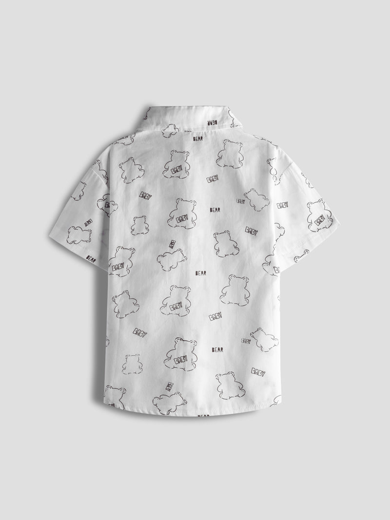 Luxurit Boys' Teddy Print Short-Sleeve Pure Cotton Shirt – Stylish & Playful (White)