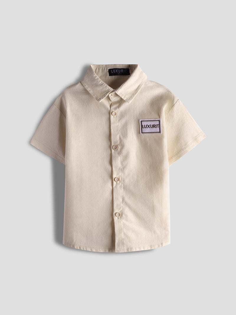 Luxurit Boys' Classic Button-Up Plain Cotton Shirt (Off-White)