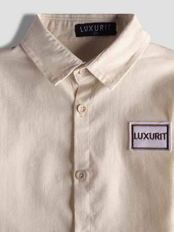 Luxurit Boys' Classic Button-Up Plain Cotton Shirt (Off-White)