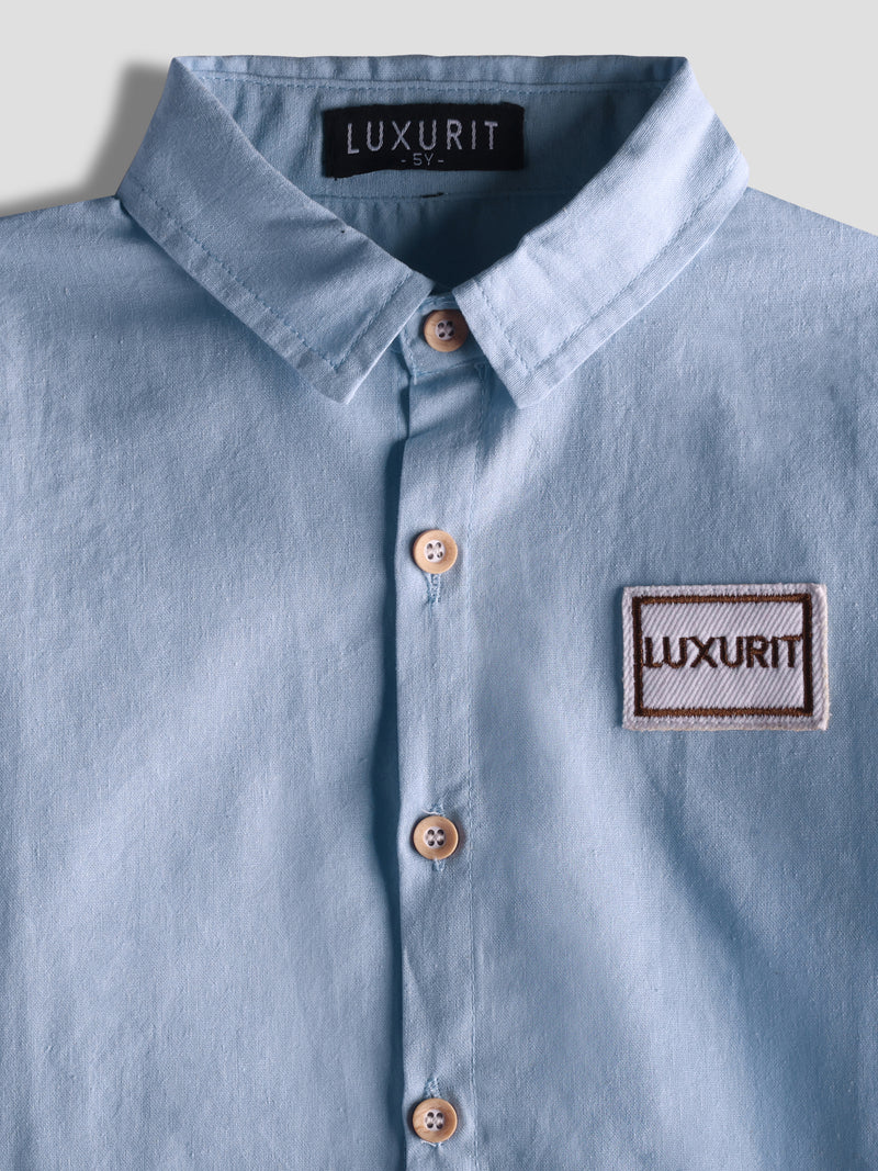 Luxurit Boys' Classic Button-Up Plain Cotton Shirt (Sky Blue)