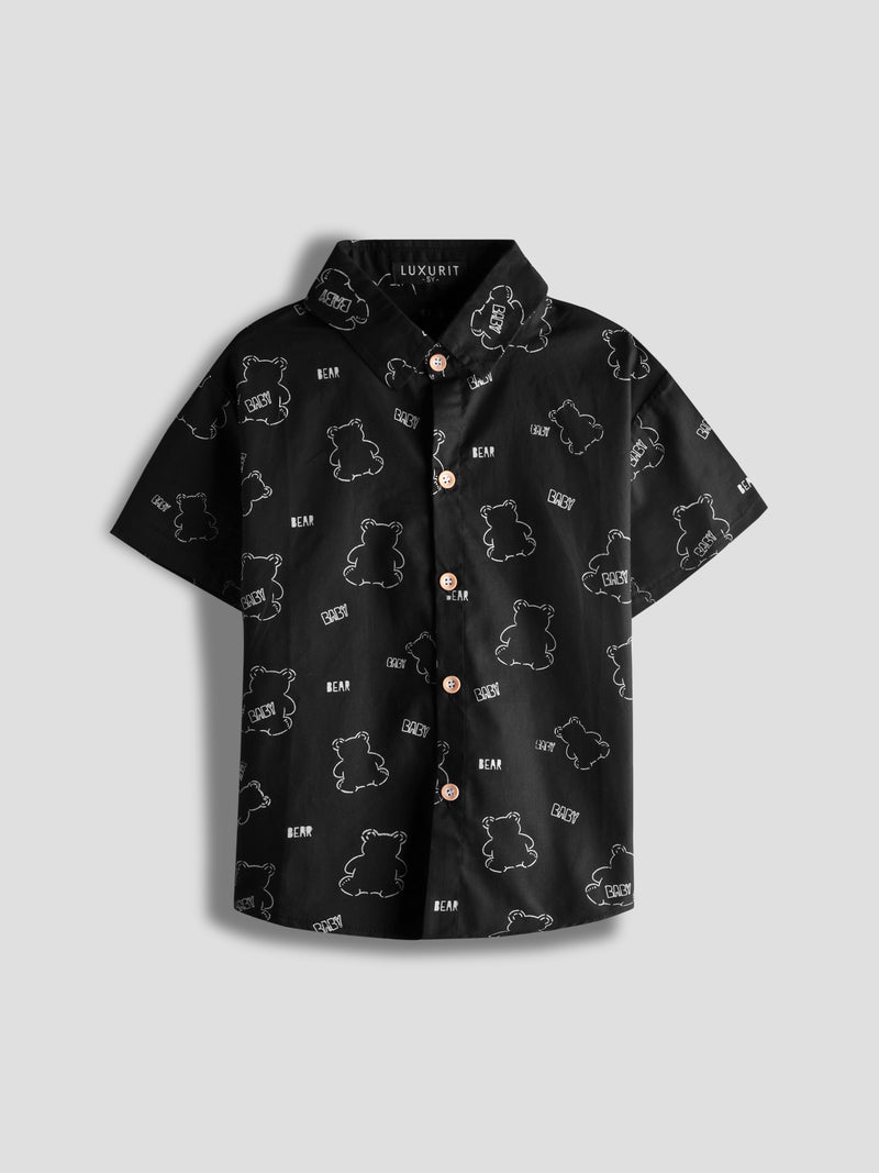 Luxurit Boys' Teddy Print Short-Sleeve Pure Cotton Shirt – Stylish & Playful (Black)