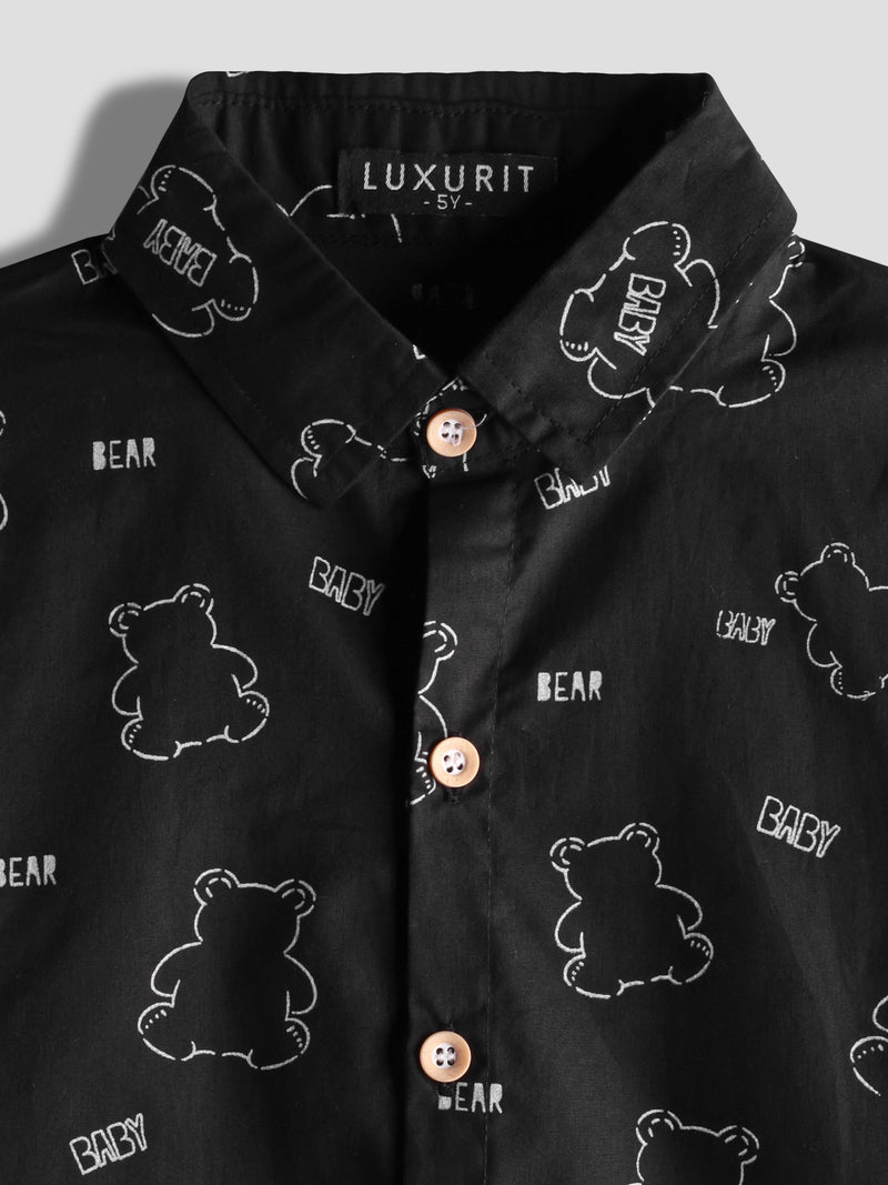 Luxurit Boys' Teddy Print Short-Sleeve Pure Cotton Shirt – Stylish & Playful (Black)