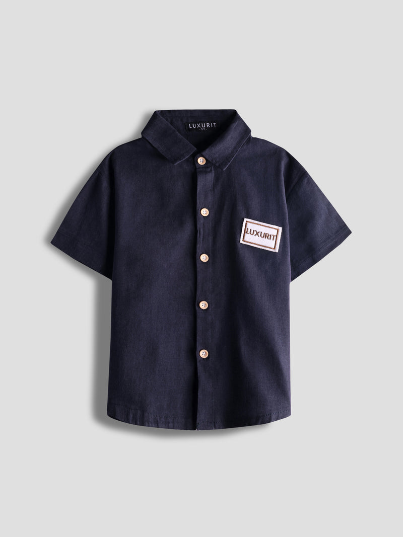 Luxurit Boys' Classic Navy Button-Up Plain Cotton Shirt (Navy Blue)