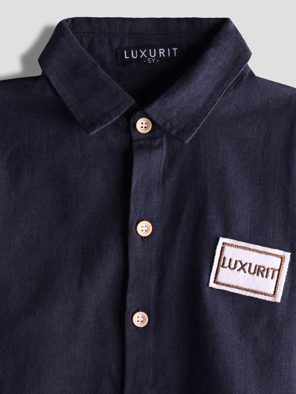 Luxurit Boys' Classic Navy Button-Up Plain Cotton Shirt (Navy Blue)