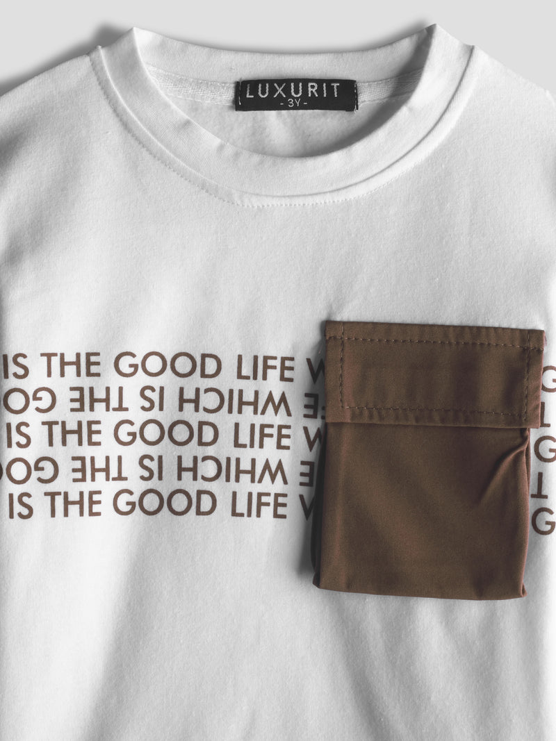 Luxurit Boys' "Good Life" Graphic Long-Sleeve T-Shirt with Contrast Pocket (White)