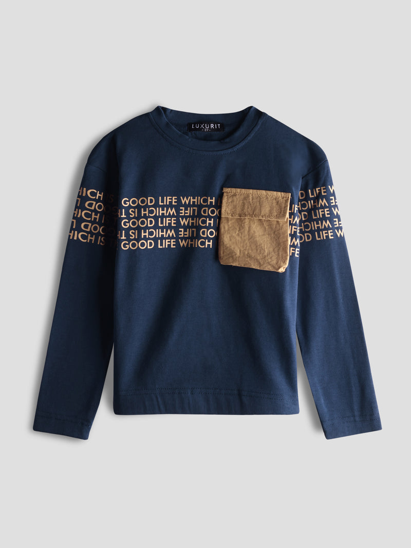 Luxurit Boys' "Good Life" Graphic Long-Sleeve T-Shirt with Contrast Pocket (Blue)