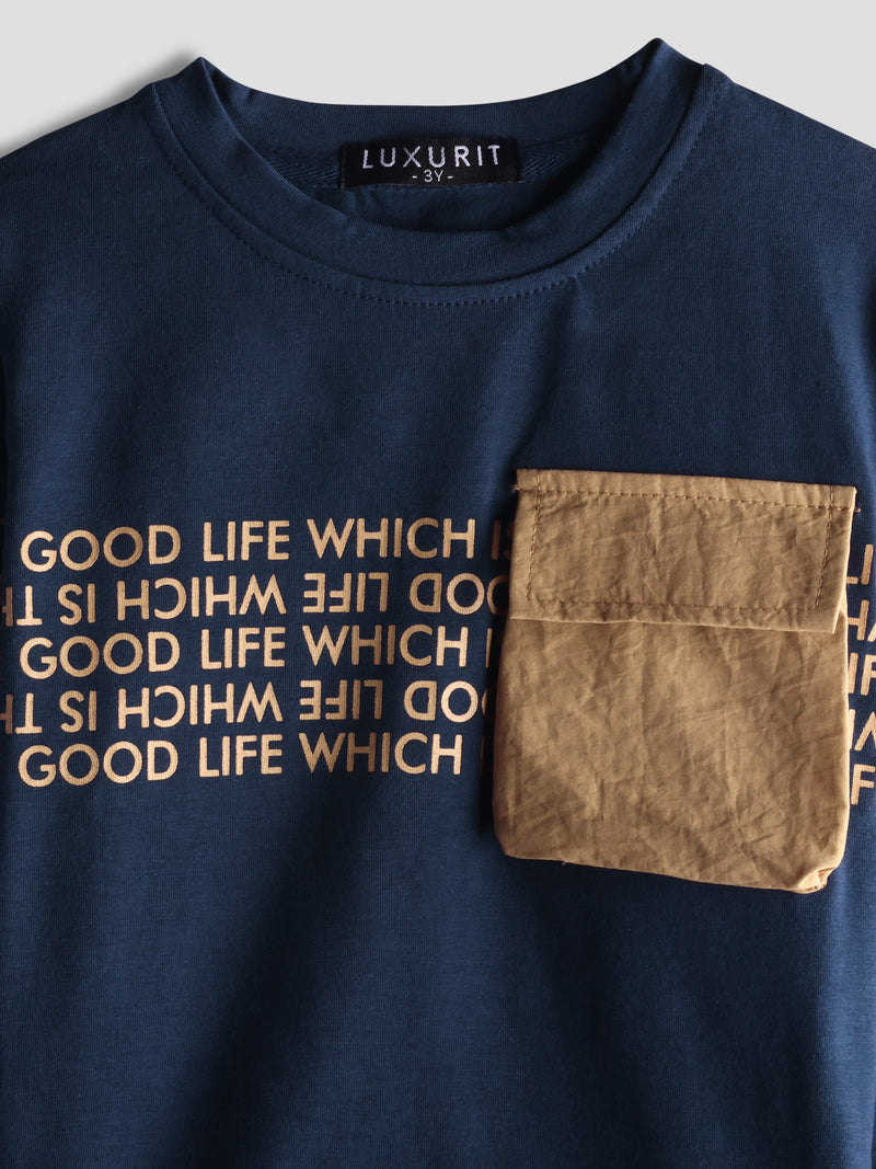 Luxurit Boys' "Good Life" Graphic Long-Sleeve T-Shirt with Contrast Pocket (Blue)