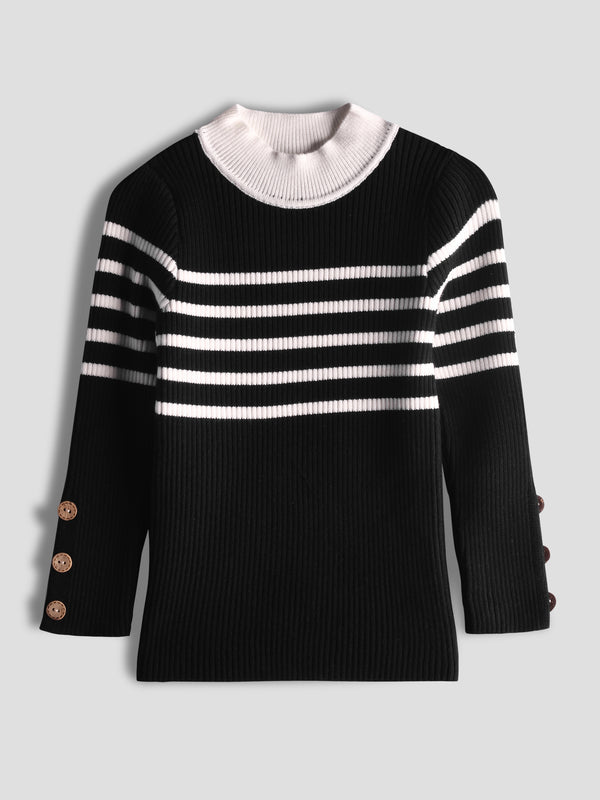 Luxurit Girls' Striped Sweater with Button Details (Black)