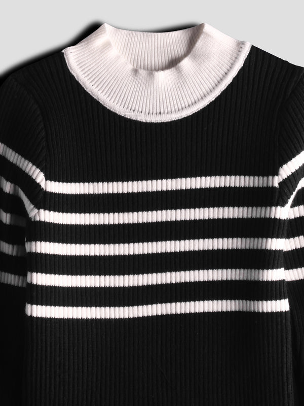 Luxurit Girls' Striped Sweater with Button Details (Black)