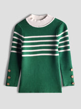 Luxurit Girls' Striped Sweater with Button Details (Green)