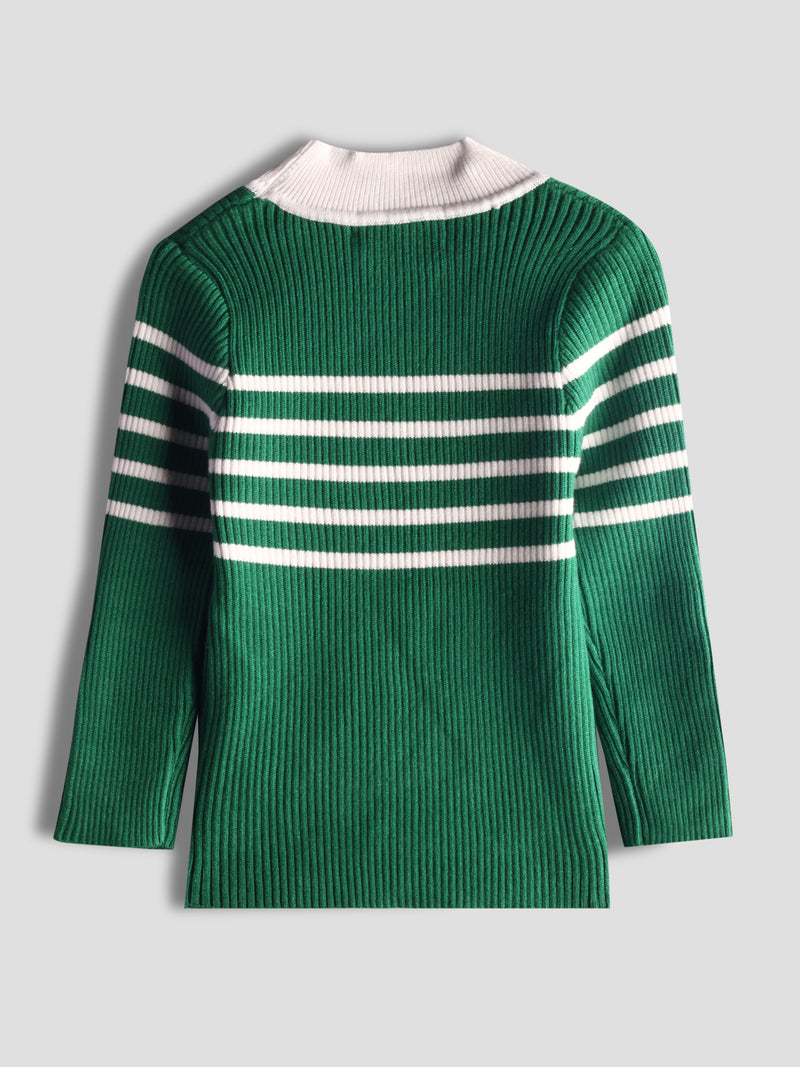 Luxurit Girls' Striped Sweater with Button Details (Green)