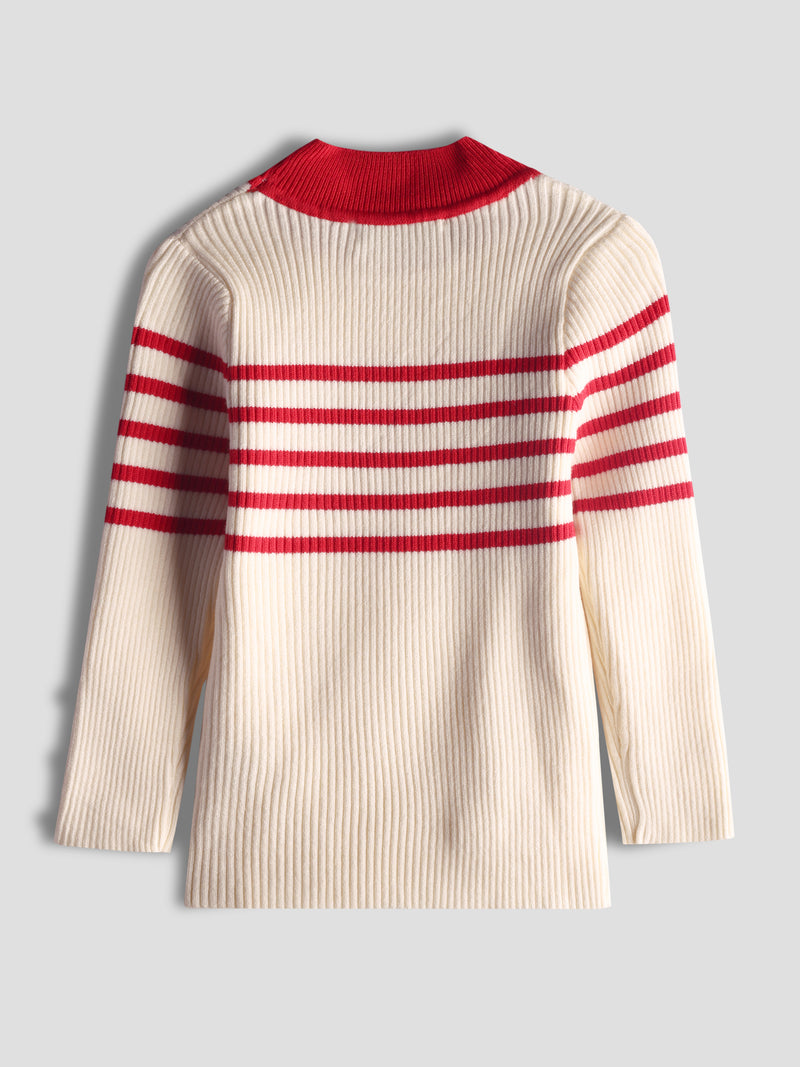 Luxurit Girls' Beige Sweater with Red Stripes and Button Details