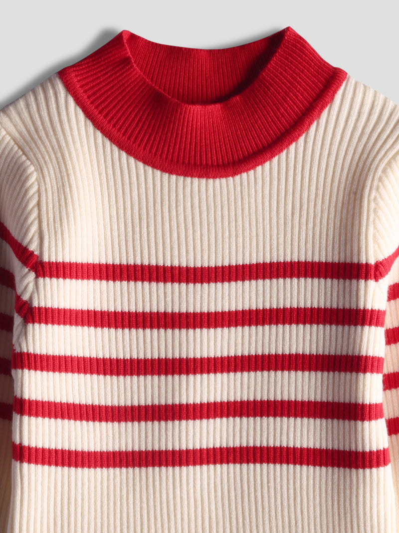 Luxurit Girls' Beige Sweater with Red Stripes and Button Details