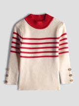 Luxurit Girls' Beige Sweater with Red Stripes and Button Details