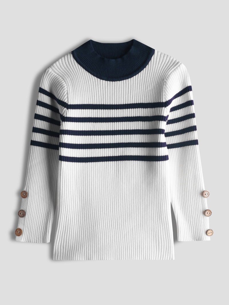 Luxurit Girls' White Striped Sweater with Button Details