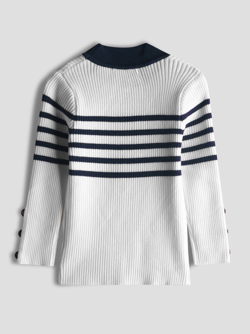 Luxurit Girls' White Striped Sweater with Button Details