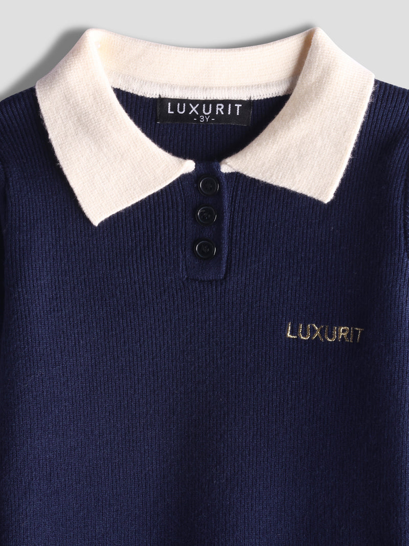 Luxurit Stylish Navy Blue Kids' Sweater with Contrasting Collar