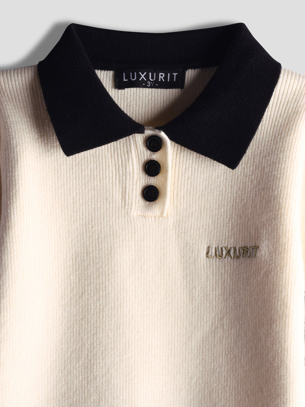 Luxurit Elegant Beige Kids' Sweater with Contrasting Collar