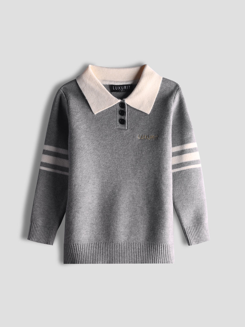 Luxurit Sophisticated Grey Kids' Sweater with Contrasting Collar