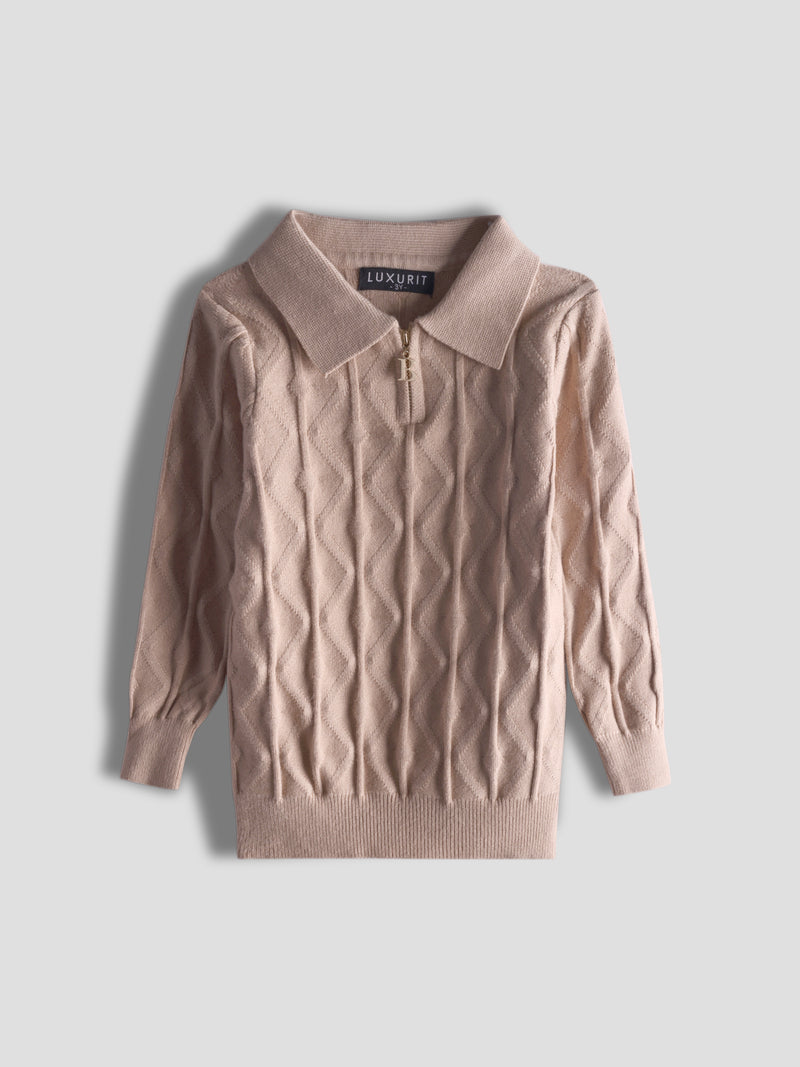 Luxurit Elegant Light Brown Color Kids' Winter Sweater with Diamond-Knit Pattern