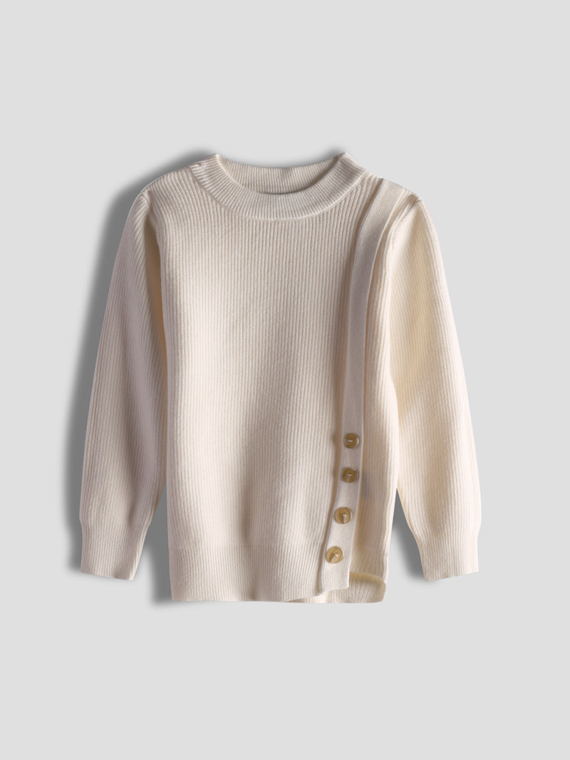 Luxurit Girls' Beige Knitted Sweater with Side Button Design