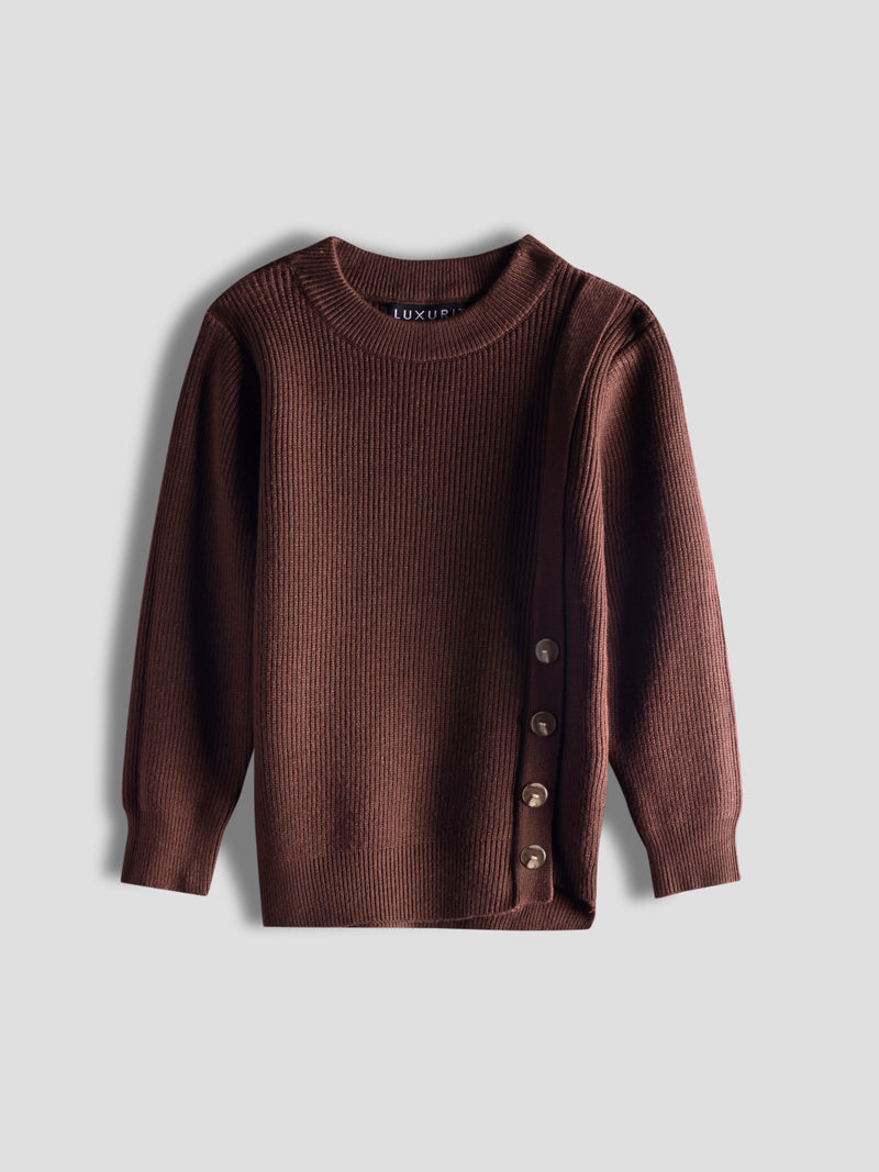 Luxurit Girls' Chocolate Brown Knitted Sweater with Side Button Design